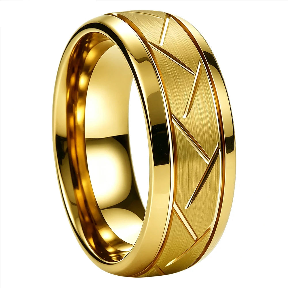 Brushed Grooved Tungsten Ring with High Polish Finish