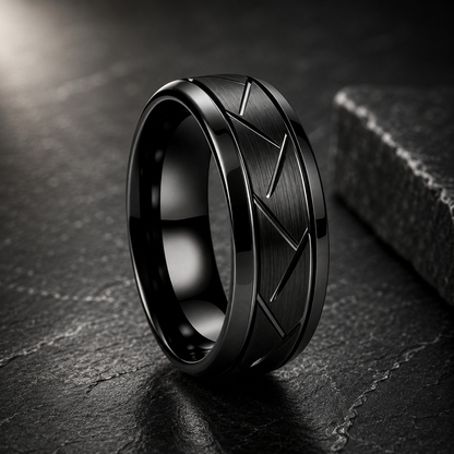 Brushed Grooved Tungsten Ring with High Polish Finish