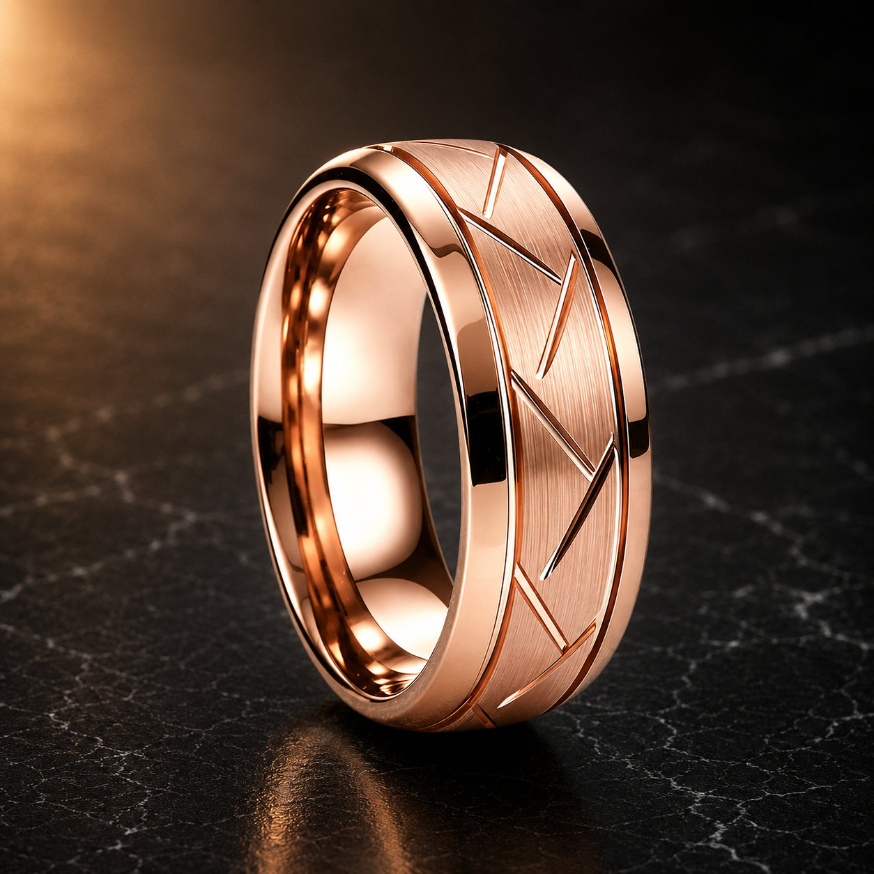 Brushed Grooved Tungsten Ring with High Polish Finish