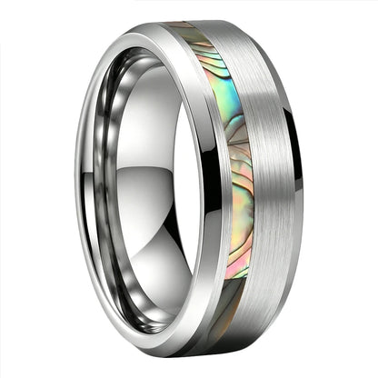 Brushed Silver Tungsten Ring with Abalone Shell Inlay