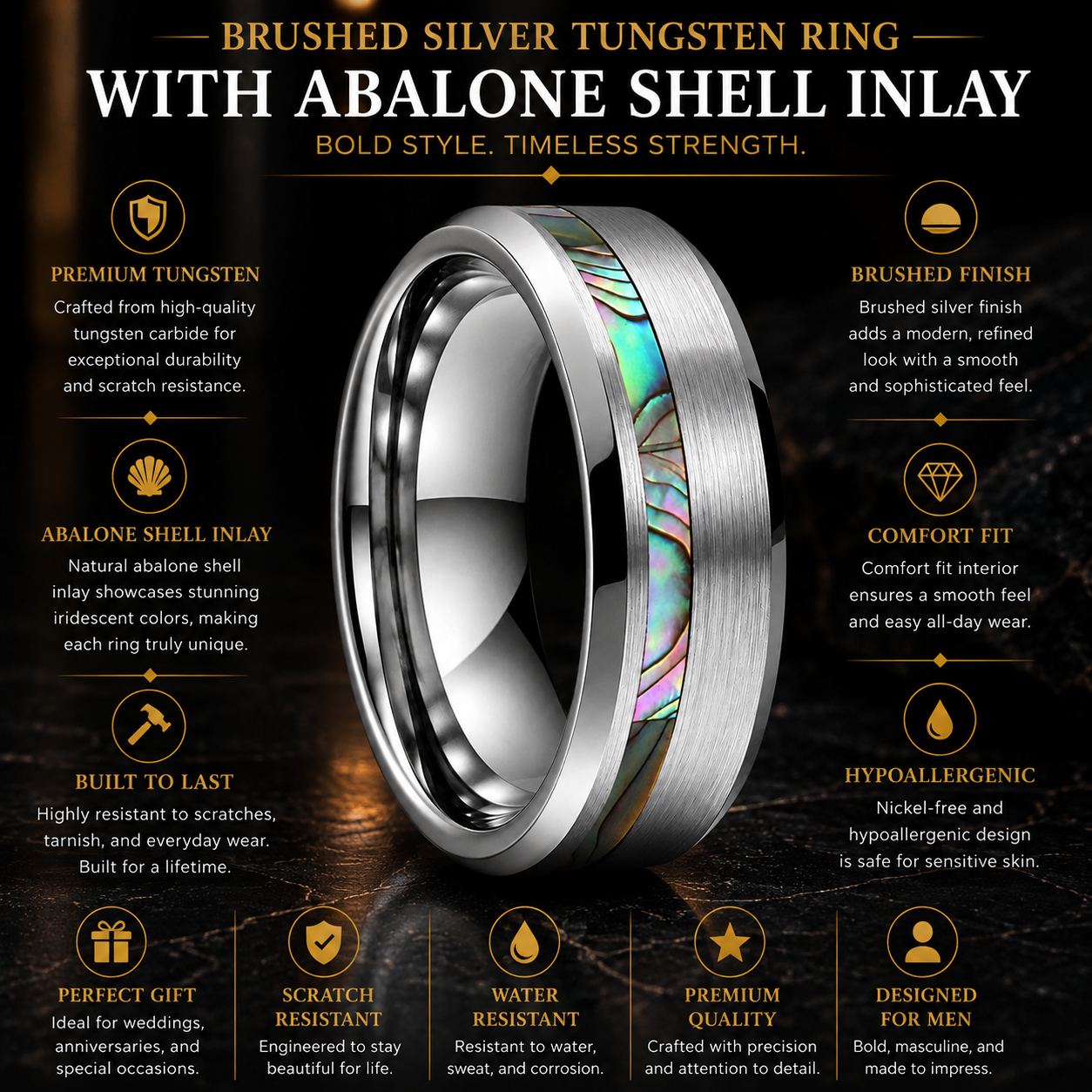 Brushed Silver Tungsten Ring with Abalone Shell Inlay