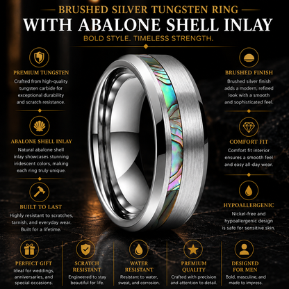 Brushed Silver Tungsten Ring with Abalone Shell Inlay