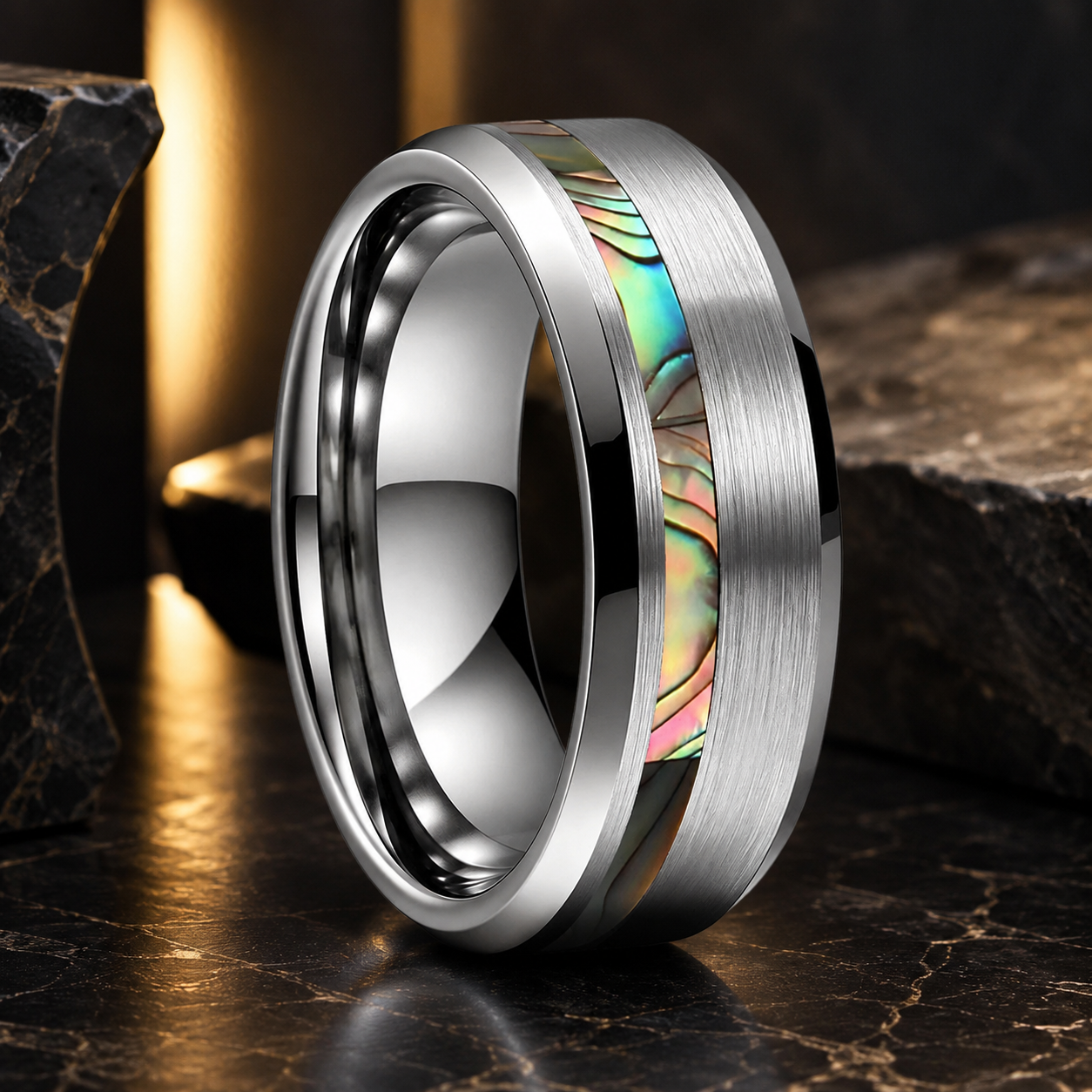 Brushed Silver Tungsten Ring with Abalone Shell Inlay