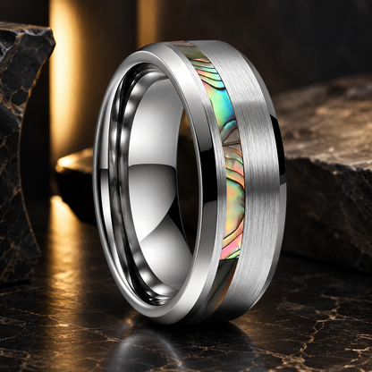 Brushed Silver Tungsten Ring with Abalone Shell Inlay