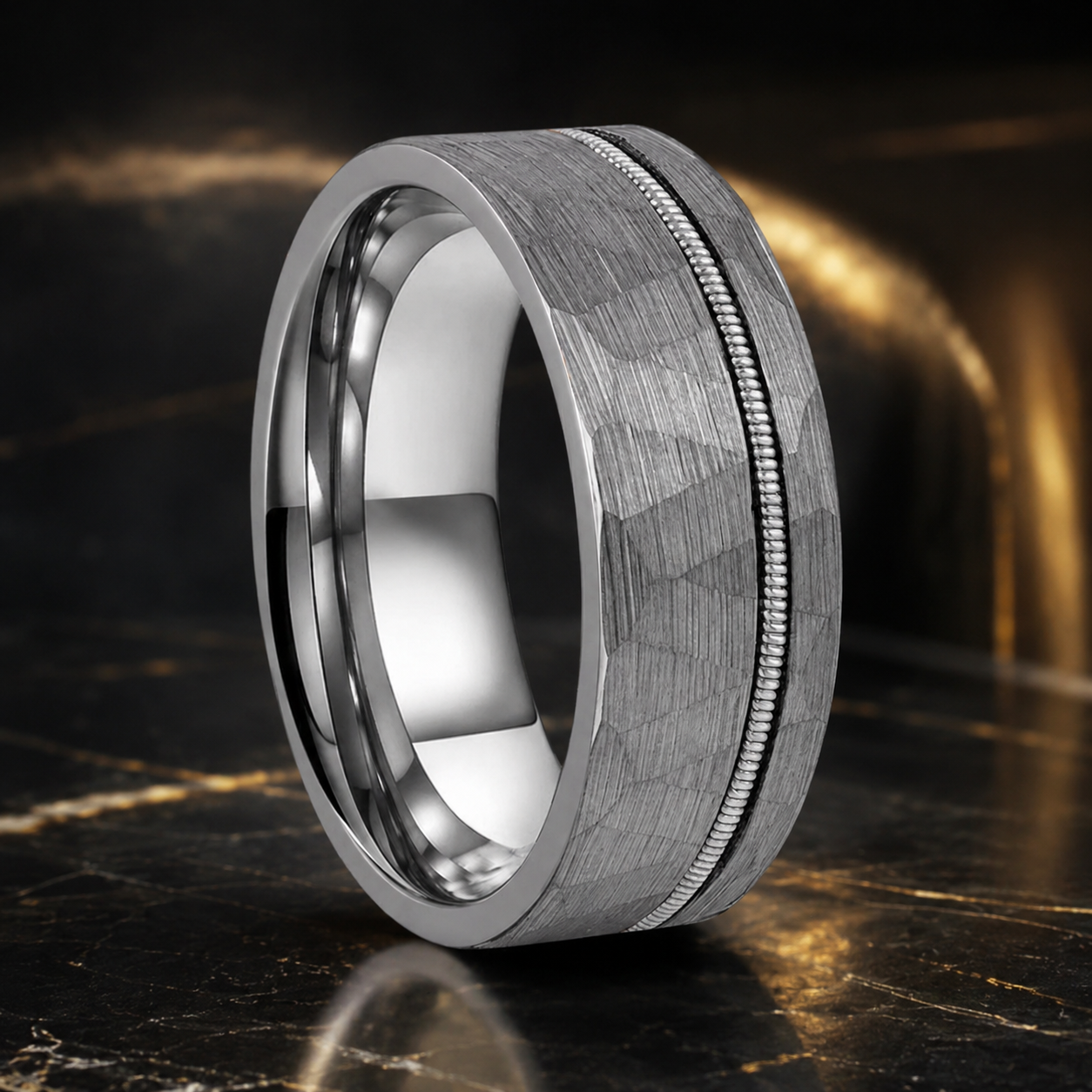 Brushed Silver Tungsten Ring with Guitar String Inlay