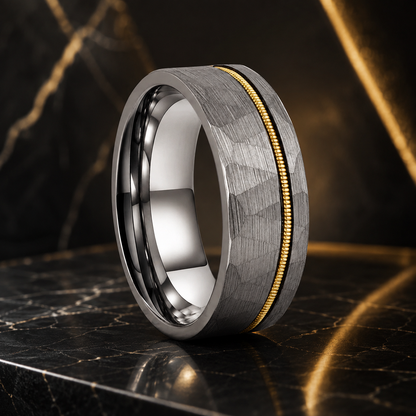 Brushed Silver Tungsten Ring with Guitar String Inlay
