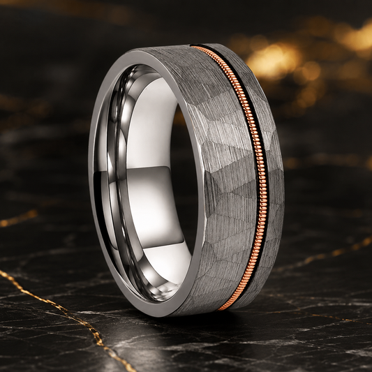 Brushed Silver Tungsten Ring with Guitar String Inlay