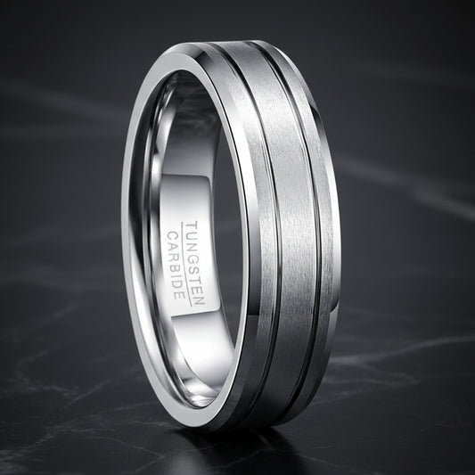 6MM Brushed Silver Tungsten Wedding Band with Center Groove
