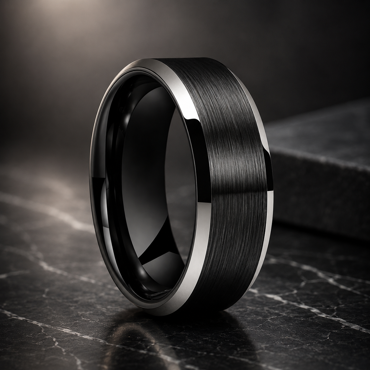 Brushed Tungsten Ring with Beveled Polished Finish