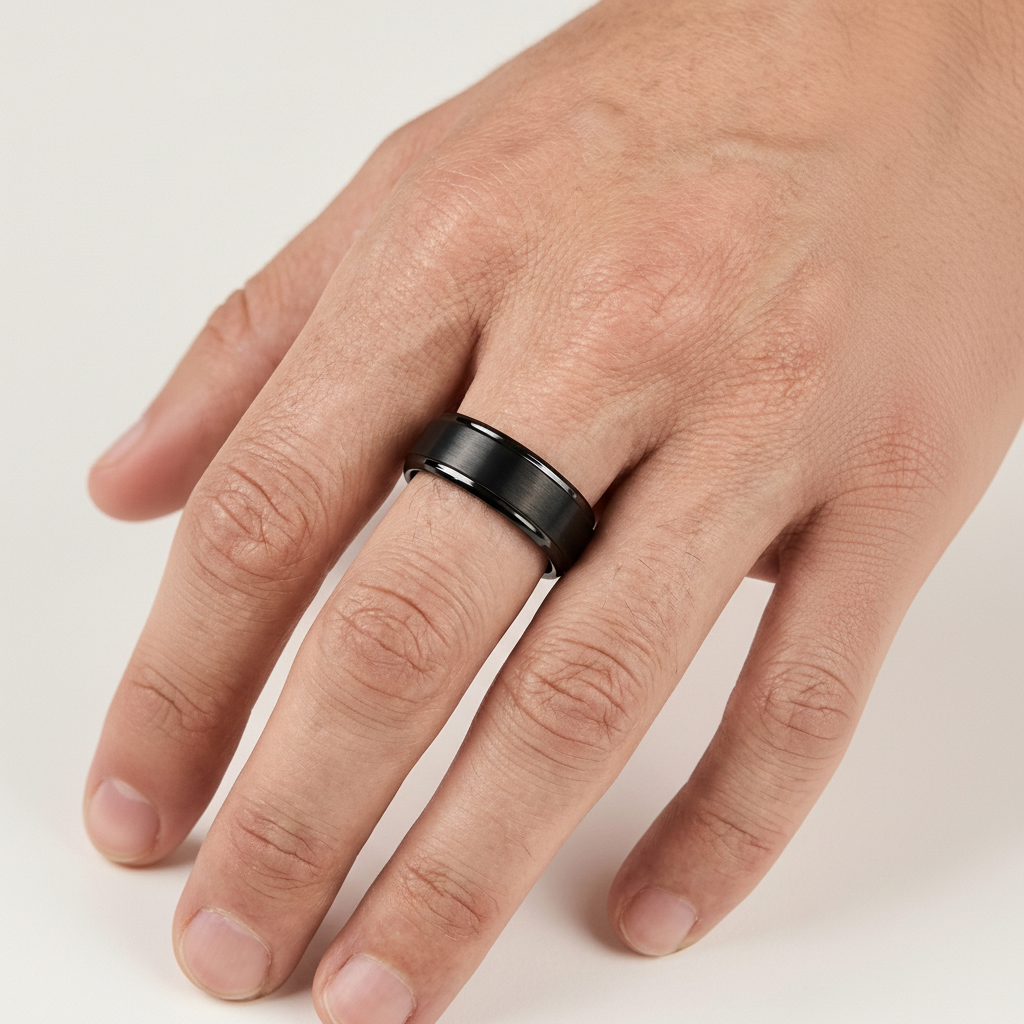 Brushed Tungsten Wedding Band – Beveled Edges