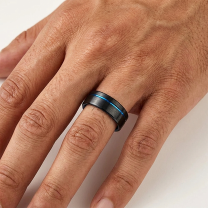 Brushed Tungsten Ring with Blue Groove and Blue Inner Band