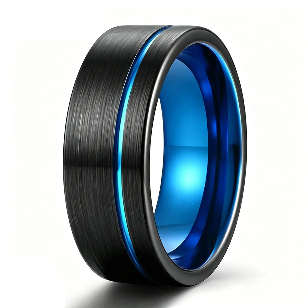 Brushed Tungsten Ring with Blue Groove and Blue Inner Band