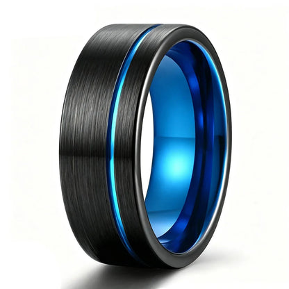 Brushed Tungsten Ring with Blue Groove and Blue Inner Band