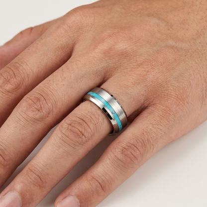 Brushed Tungsten Ring with Turquoise Inlay