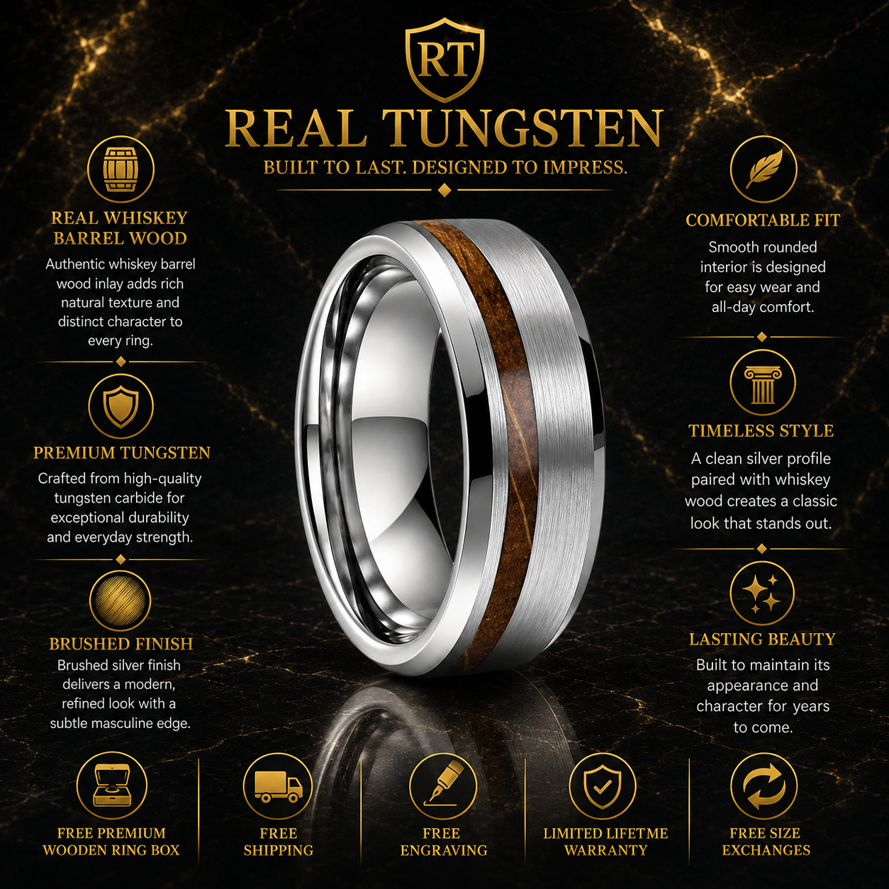 Brushed Tungsten Ring with Whiskey Barrel Wood Inlay