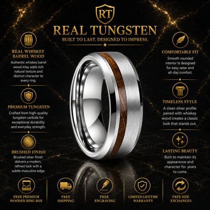 Brushed Tungsten Ring with Whiskey Barrel Wood Inlay