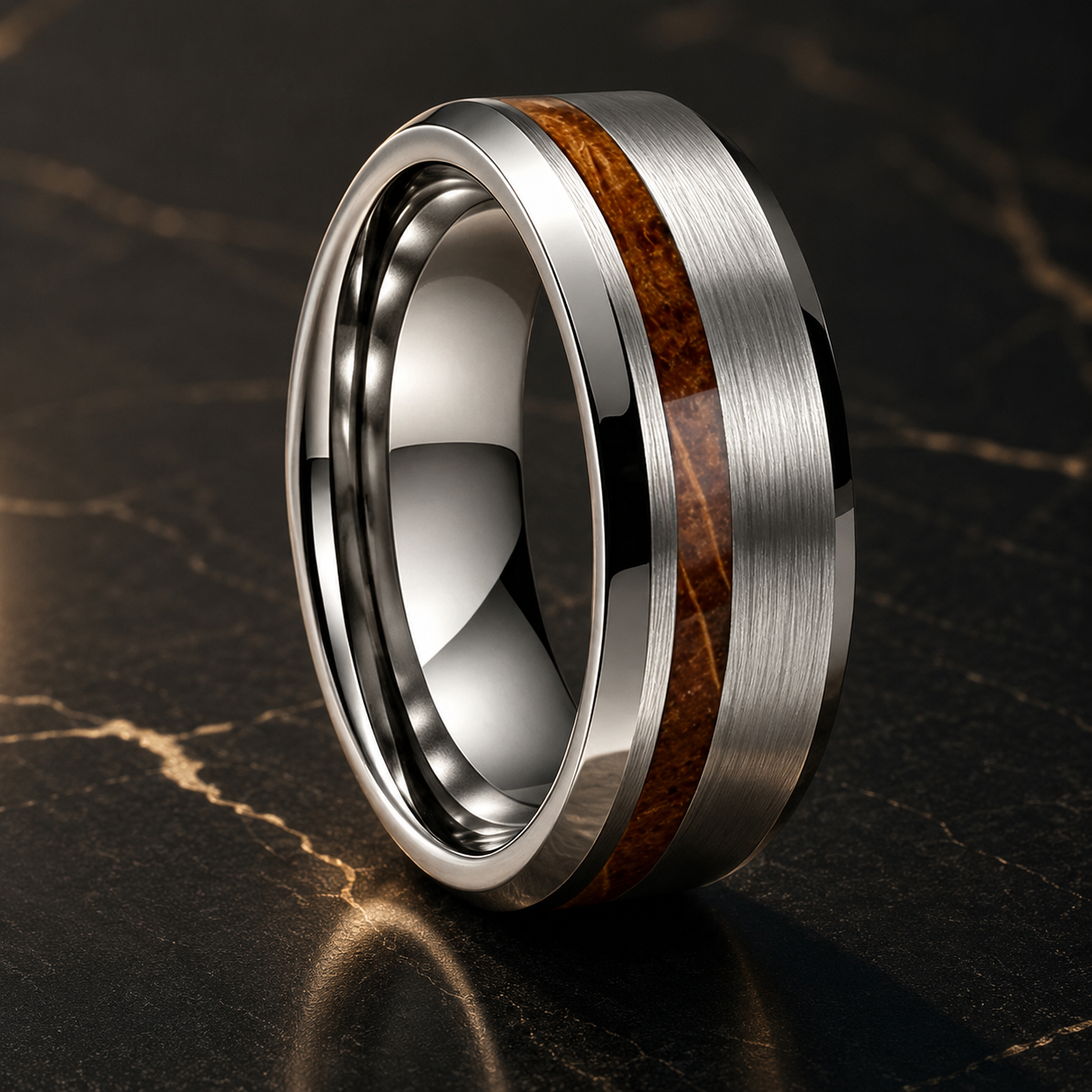 Brushed Tungsten Ring with Whiskey Barrel Wood Inlay