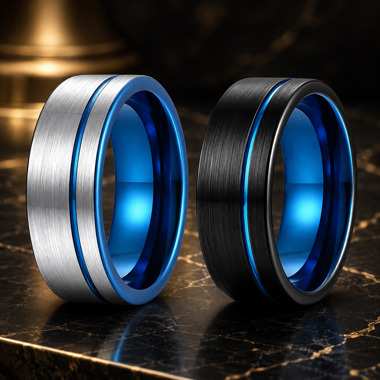 Brushed Tungsten Ring with Blue Groove and Blue Inner Band