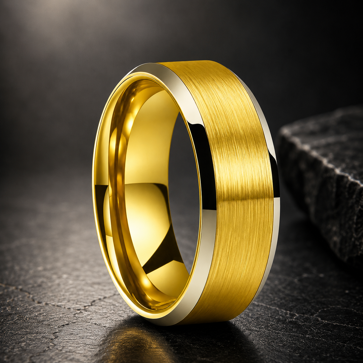Brushed Tungsten Ring with Beveled Polished Finish