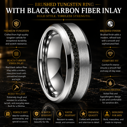 Brushed Tungsten Ring with Black Carbon Fiber Inlay