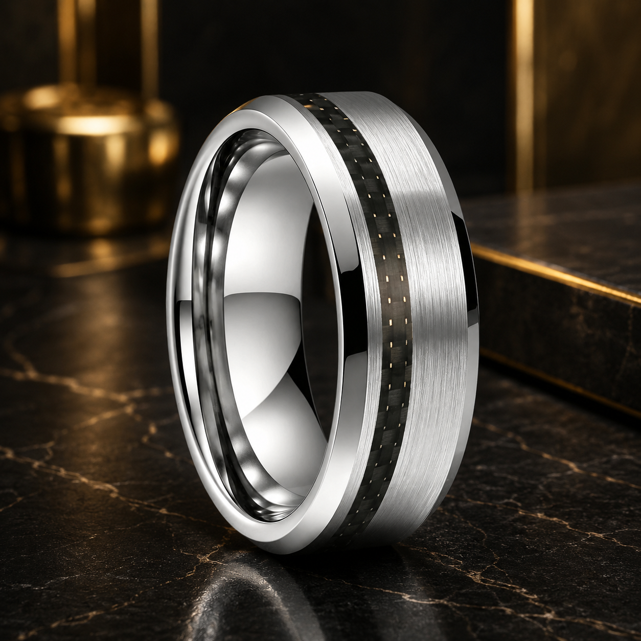 Brushed Tungsten Ring with Black Carbon Fiber Inlay