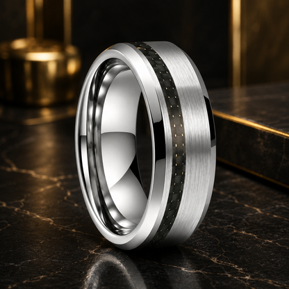 Brushed Tungsten Ring with Black Carbon Fiber Inlay