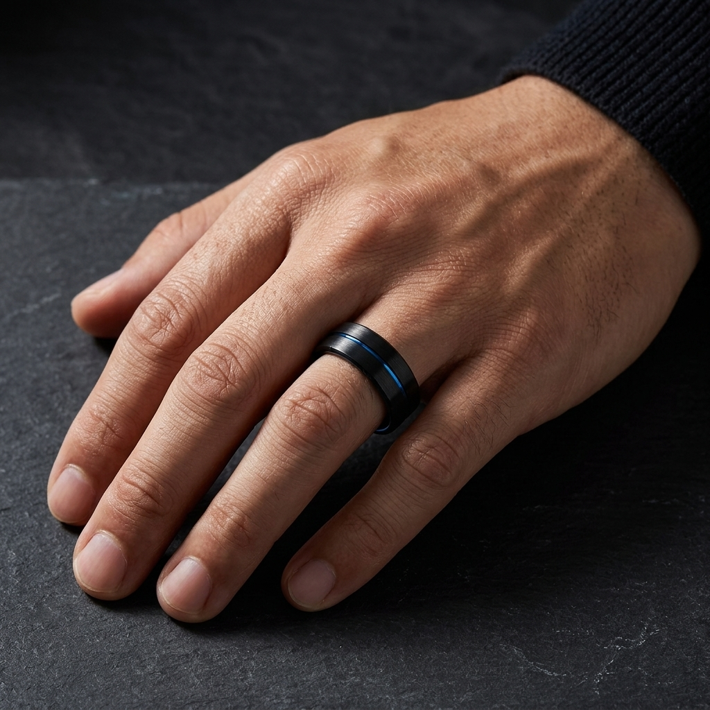 Brushed Tungsten Ring with Blue Groove and Blue Inner Band