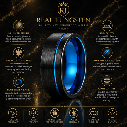 Brushed Tungsten Ring with Blue Groove and Blue Inner Band