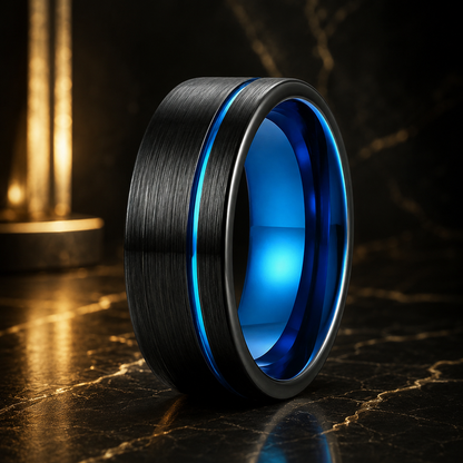 Brushed Tungsten Ring with Blue Groove and Blue Inner Band