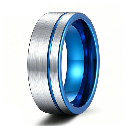 Brushed Tungsten Ring with Blue Groove and Blue Inner Band