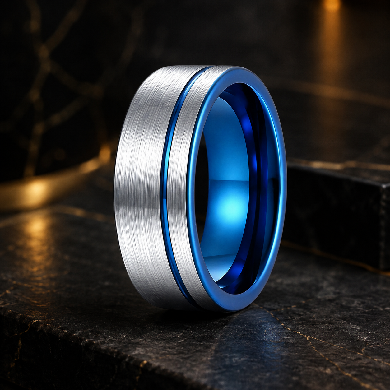 Brushed Tungsten Ring with Blue Groove and Blue Inner Band