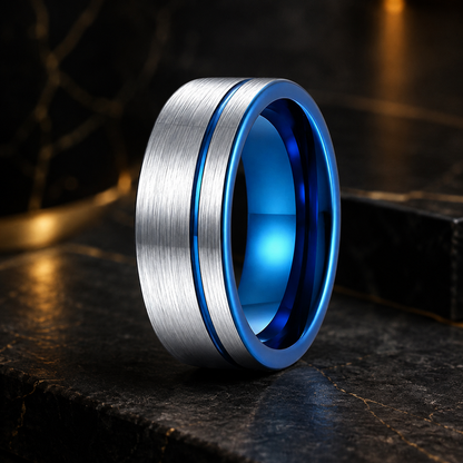 Brushed Tungsten Ring with Blue Groove and Blue Inner Band