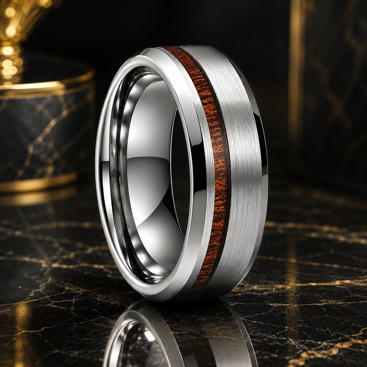 Brushed Tungsten Ring with Koa Wood Inlay
