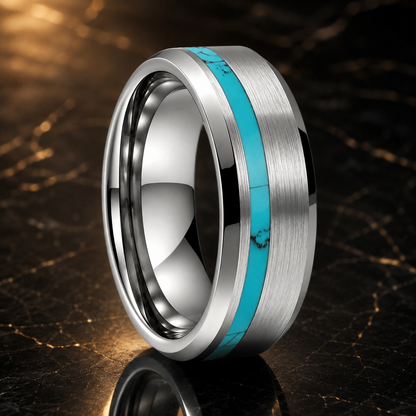 Brushed Tungsten Ring with Turquoise Inlay