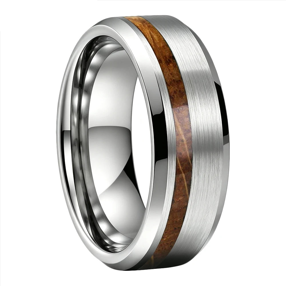 Brushed Tungsten Ring with Whiskey Barrel Wood Inlay