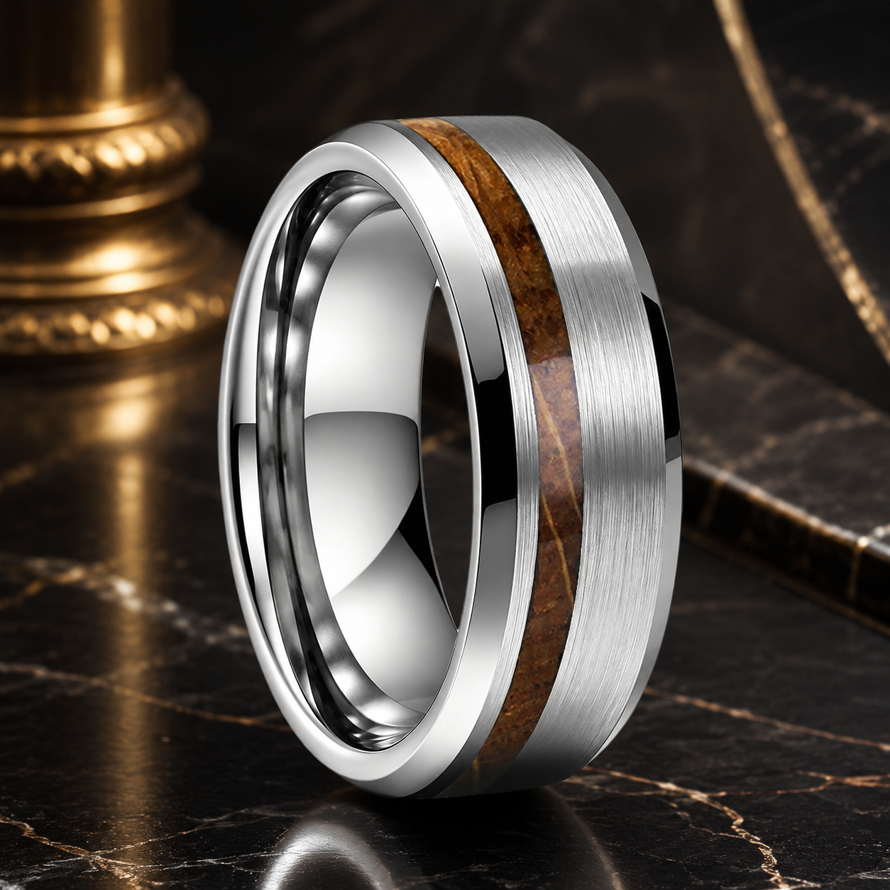 Brushed Tungsten Ring with Whiskey Barrel Wood Inlay