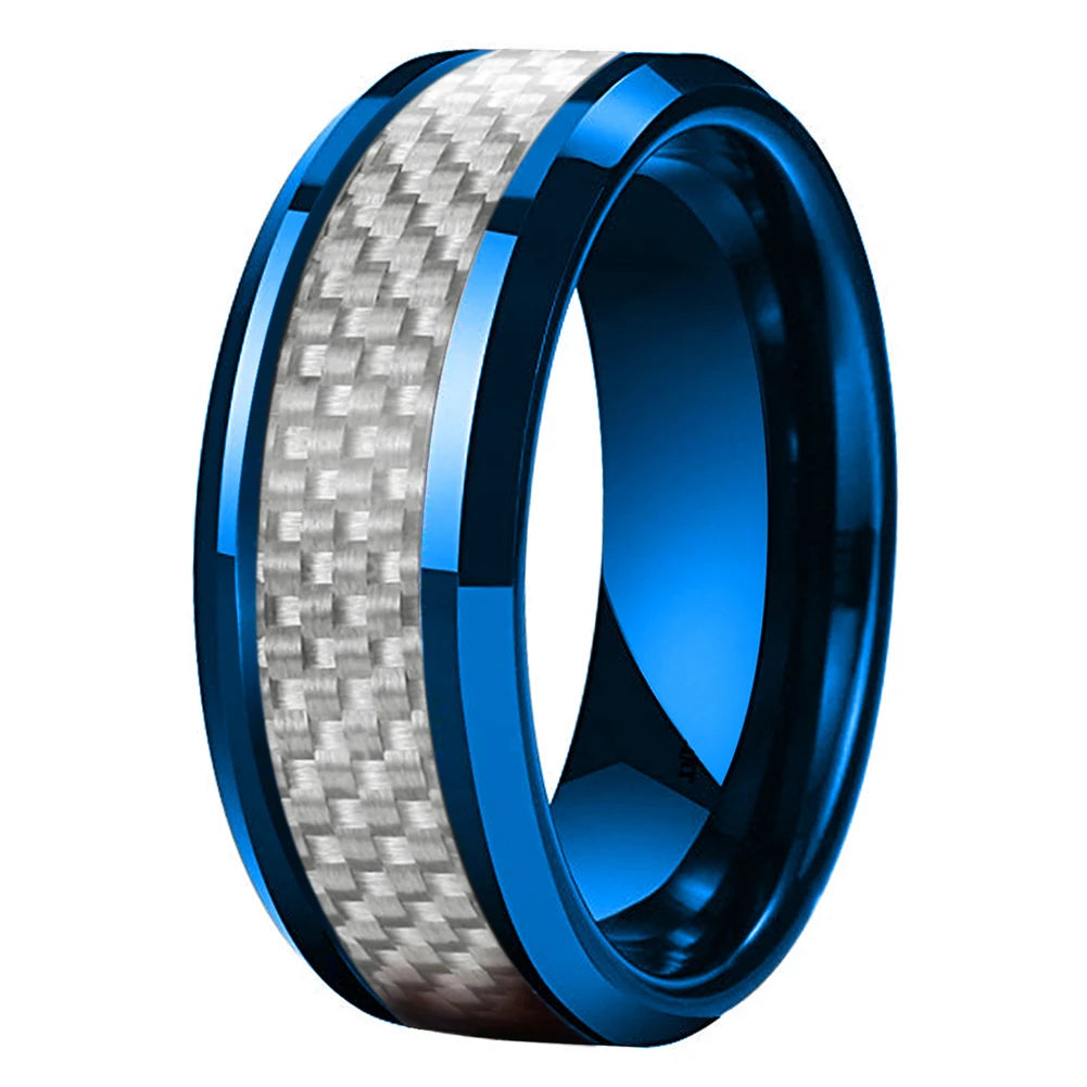 Carbon Fiber Inlay Blue Tungsten Wedding Ring