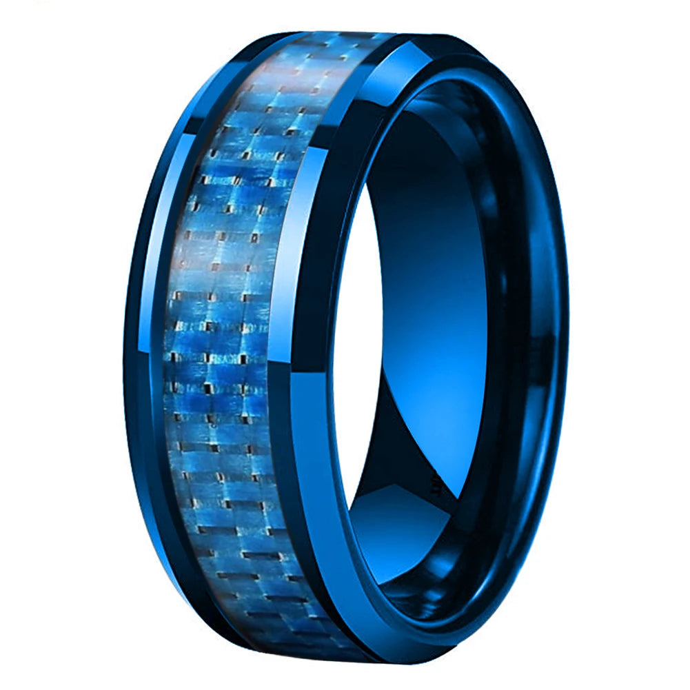 Carbon Fiber Inlay Blue Tungsten Wedding Ring