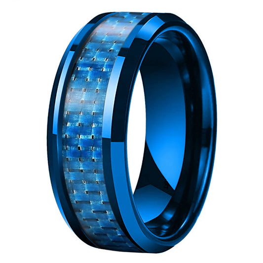 Carbon Fiber Inlay Blue Tungsten Wedding Ring