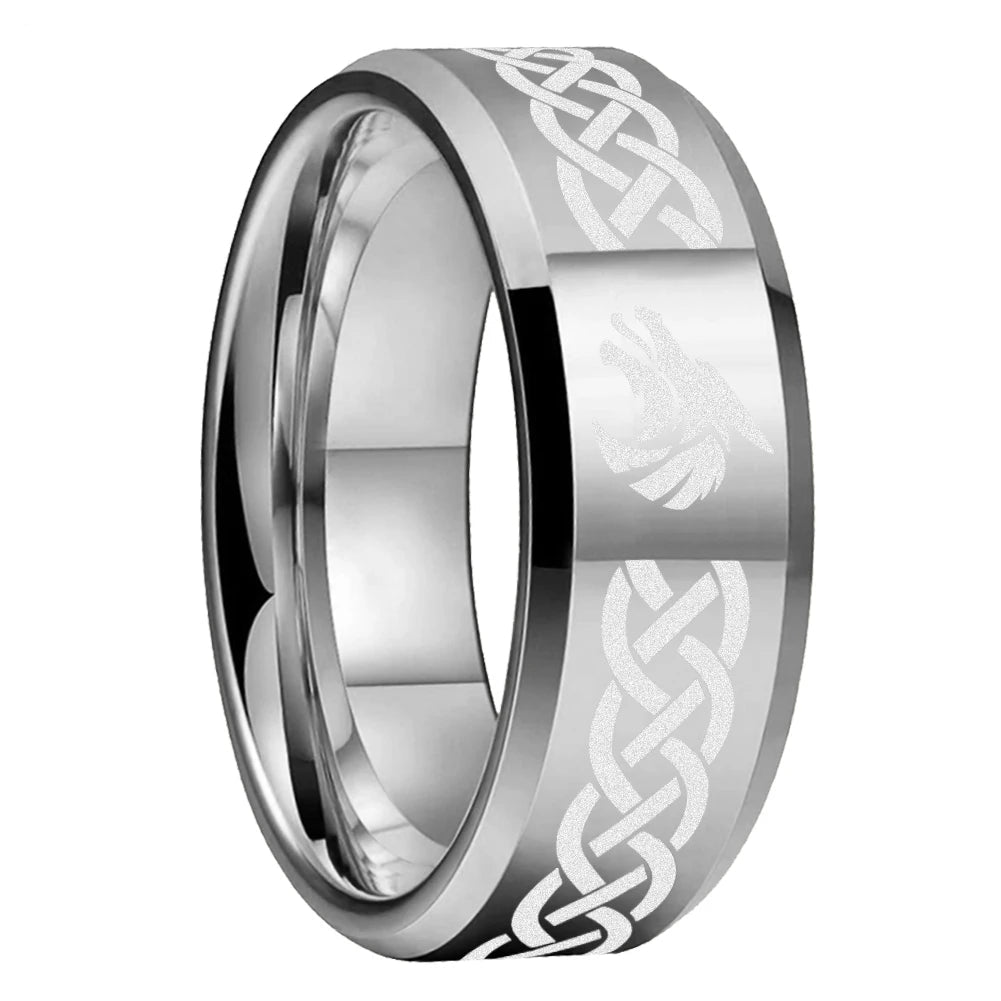 Celtic Knot Tungsten Ring with Wolf Head Laser Engraving