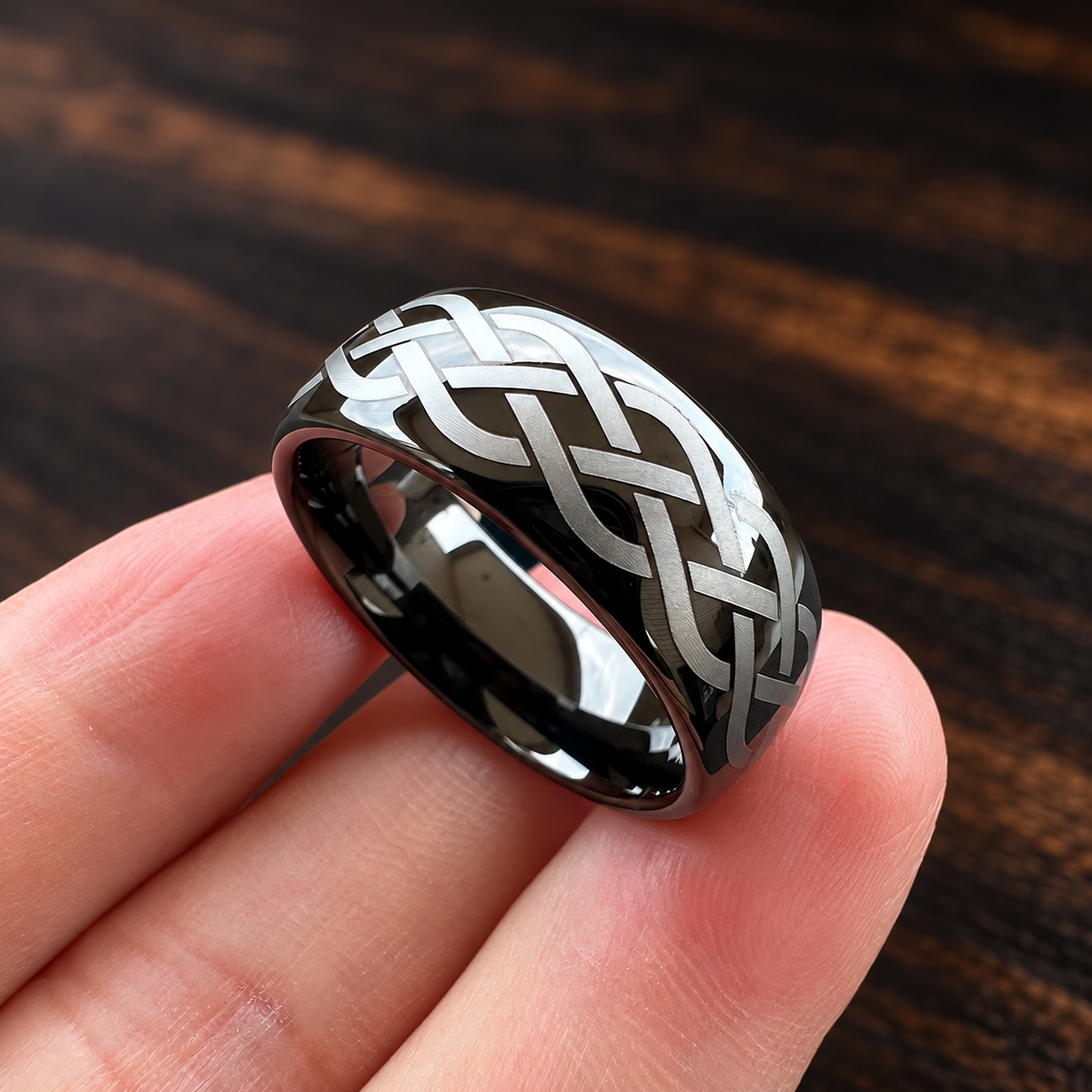 Black Tungsten Ring with Viking Celtic Knot Laser Engraving