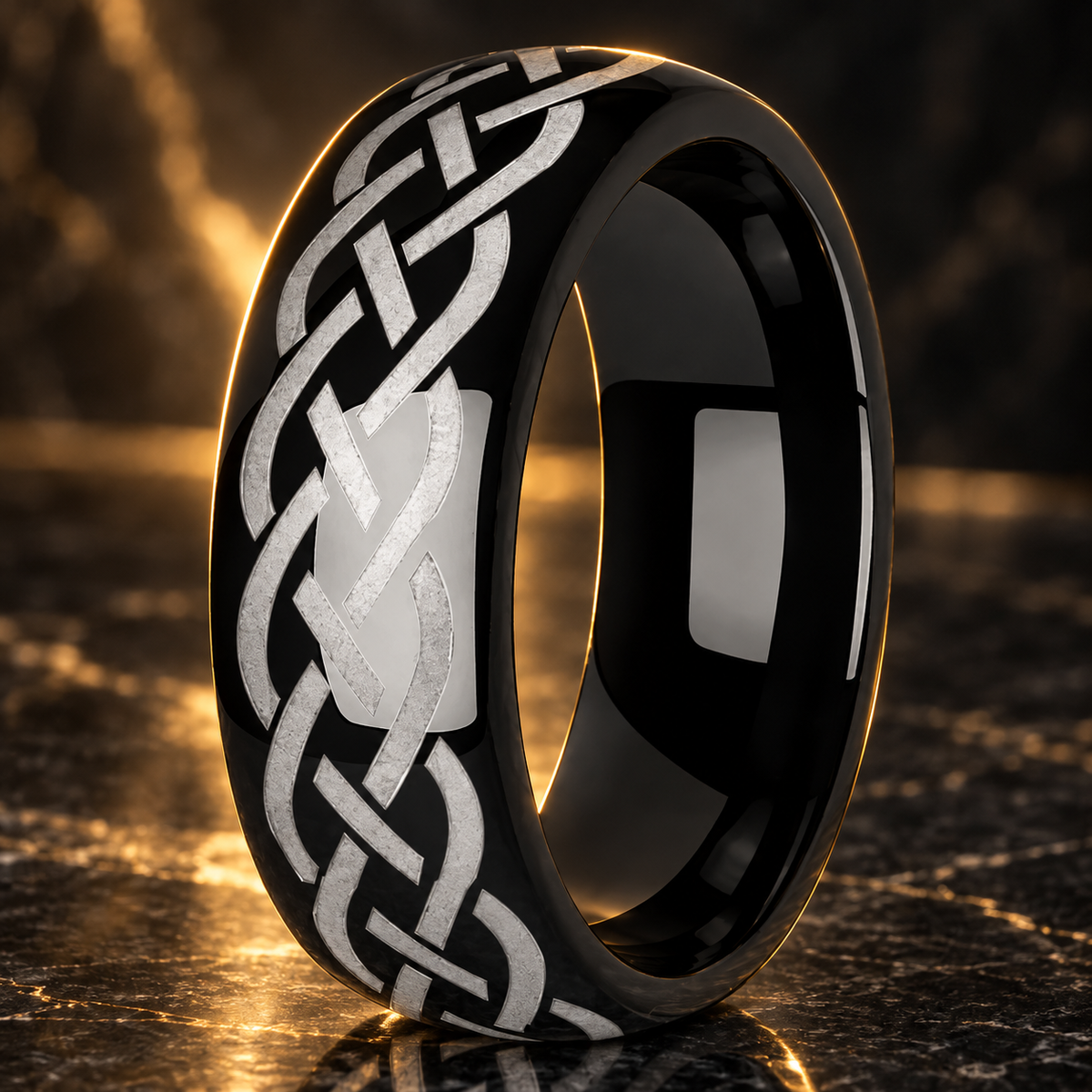 Black Tungsten Ring with Viking Celtic Knot Laser Engraving