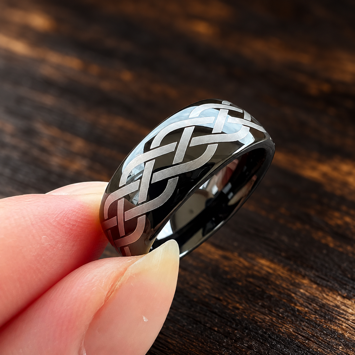 Black Tungsten Ring with Viking Celtic Knot Laser Engraving