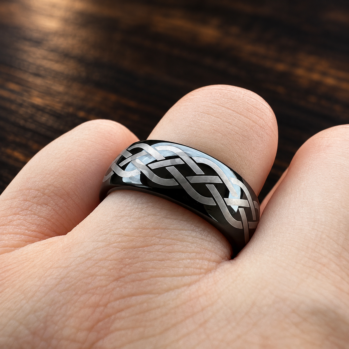 Black Tungsten Ring with Viking Celtic Knot Laser Engraving