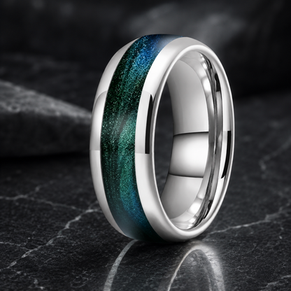 Tungsten Ring with Gunmetal Green Flow Sand Inlay