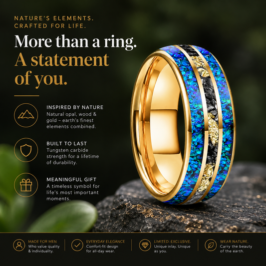 The Elara —8mm Blue Opal Meteorite Tungsten Ring