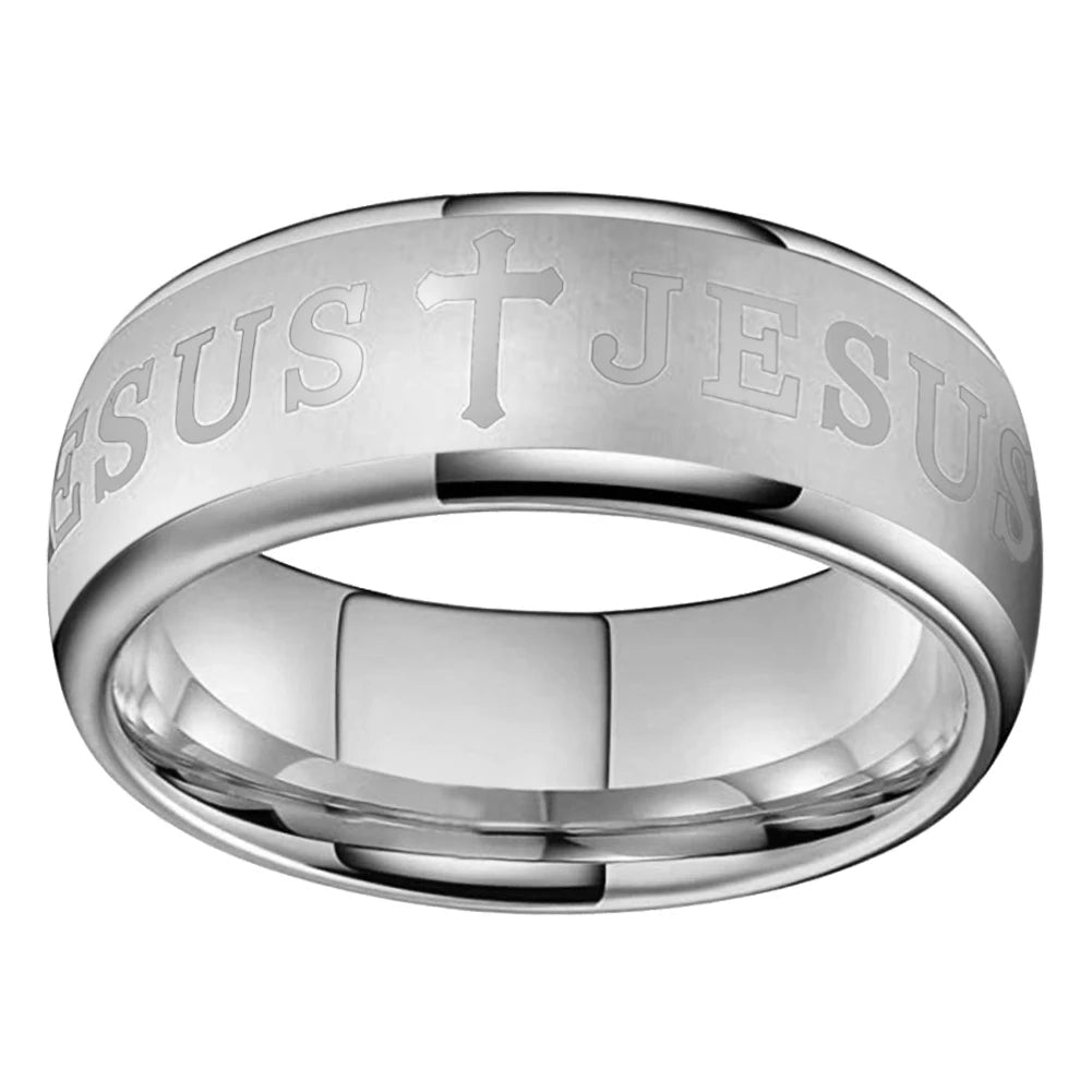 Christian Bible Cross Tungsten Ring - Jesus Prayer Band 