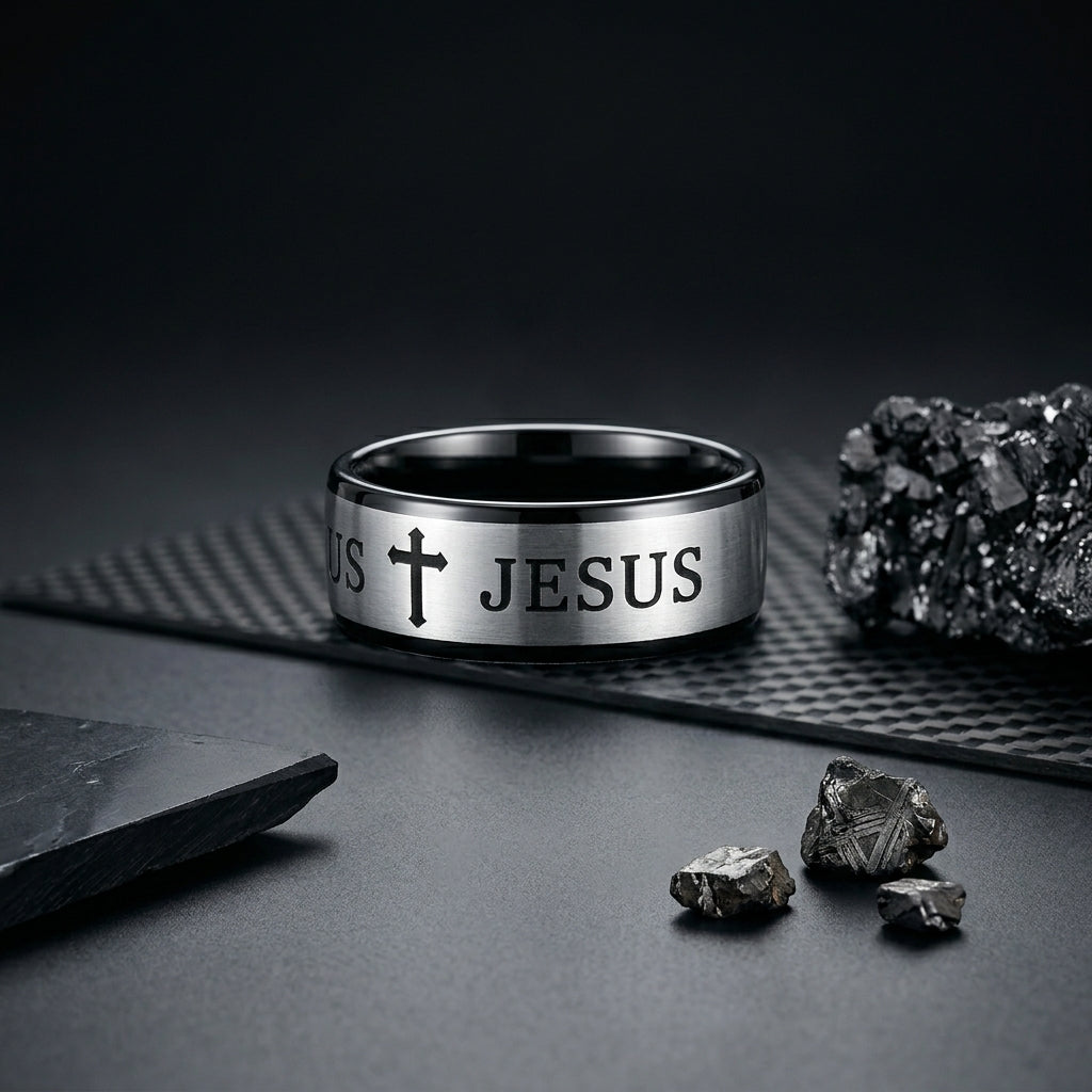 Christian Bible Cross Tungsten Ring