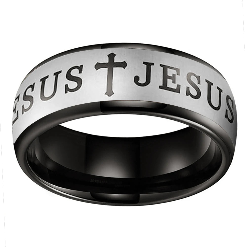 Christian Bible Cross Tungsten Ring - Jesus Prayer Band 