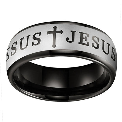 Christian Bible Cross Tungsten Ring - Jesus Prayer Band 